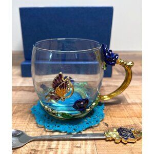Handcrafted Glass Tea Cup With Golden Handle & Butterfly Design Gift Set